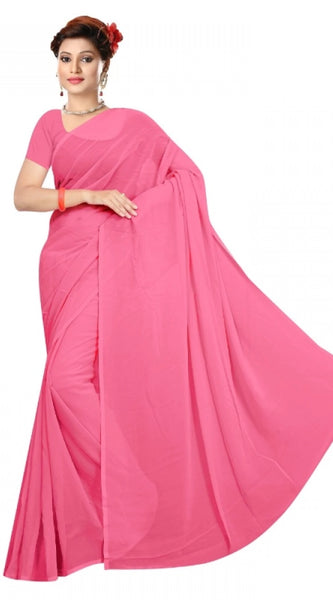 Mayawye Women's Georgette Plain Saree With Blouse (Pink, 5-6 Mtrs)