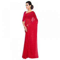 Mayawye Women's Georgette Plain Saree With Blouse (Red, 5-6 Mtrs)