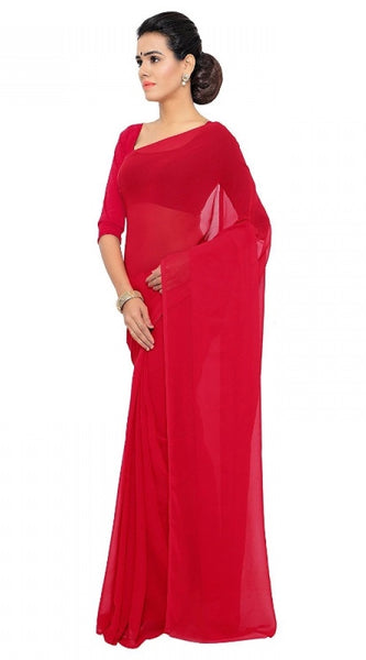 Mayawye Women's Georgette Plain Saree With Blouse (Red, 5-6 Mtrs)