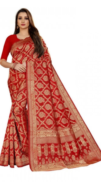 Mayawye Women's Jacquard Silk Kanjivaram Jacquard Silk Saree With Blouse (Red, 5-6 Mtrs)