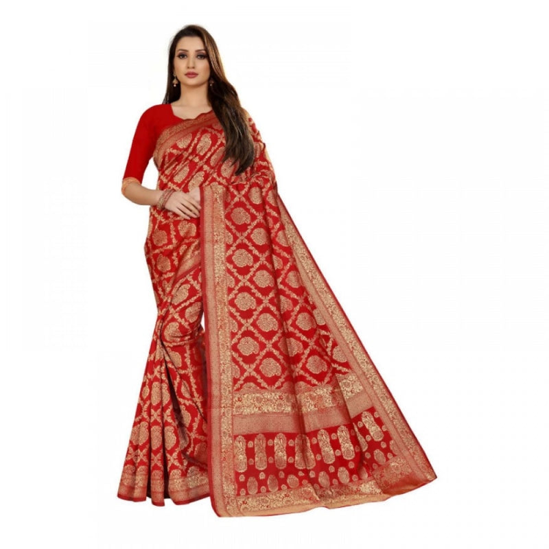 Mayawye Women's Jacquard Silk Kanjivaram Jacquard Silk Saree With Blouse (Red, 5-6 Mtrs)
