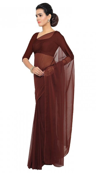 Mayawye Women's Georgette Plain Saree With Blouse (Coffee, 5-6 Mtrs)