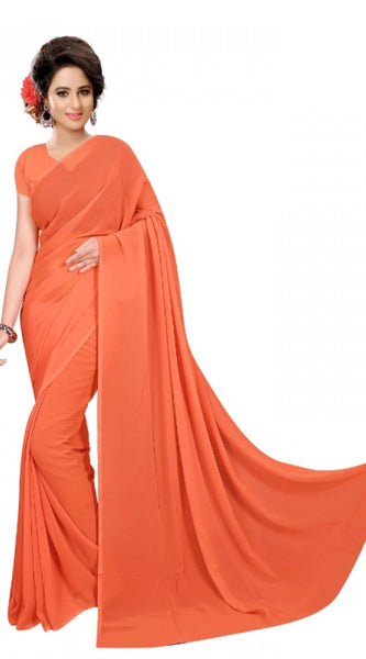 Mayawye Women's Georgette Plain Saree With Blouse (Orange, 5-6 Mtrs)