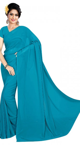 Mayawye Women's Georgette Plain Saree With Blouse (Dark Firozi, 5-6 Mtrs)