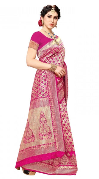 Mayawye Women's Jacquard Silk Kanjivaram Jacquard Silk Saree With Blouse (Pink, 5-6 Mtrs)