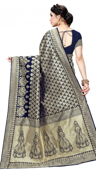 Mayawye Women's Jacquard Silk Kanjivaram Jacquard Silk Saree With Blouse (Navy Blue, 5-6 Mtrs)