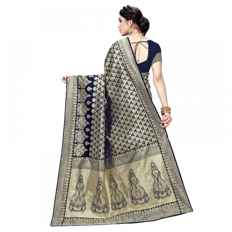 Mayawye Women's Jacquard Silk Kanjivaram Jacquard Silk Saree With Blouse (Navy Blue, 5-6 Mtrs)