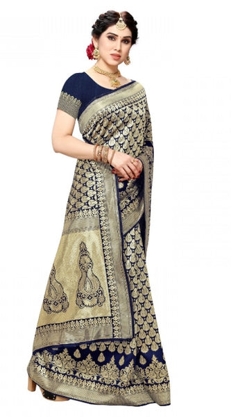 Mayawye Women's Jacquard Silk Kanjivaram Jacquard Silk Saree With Blouse (Navy Blue, 5-6 Mtrs)