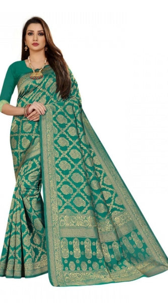 Mayawye Women's Jacquard Silk Kanjivaram Jacquard Silk Saree With Blouse (Rama, 5-6 Mtrs)