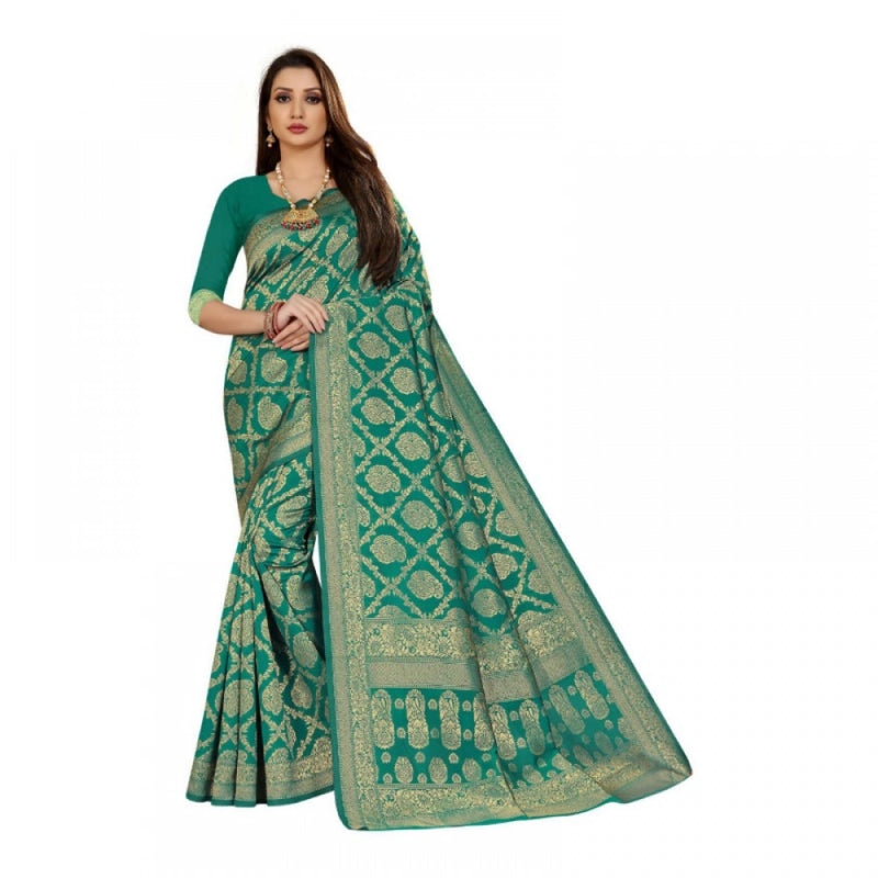 Mayawye Women's Jacquard Silk Kanjivaram Jacquard Silk Saree With Blouse (Rama, 5-6 Mtrs)