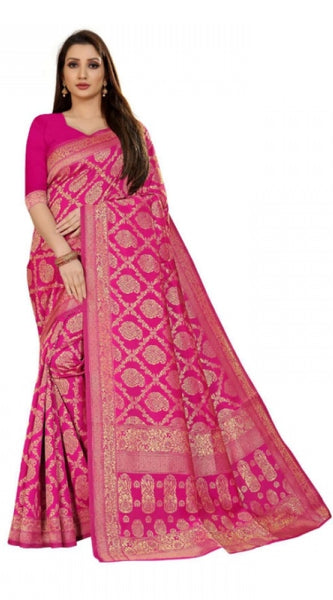 Mayawye Women's Jacquard Silk Kanjivaram Jacquard Silk Saree With Blouse (Pink, 5-6 Mtrs)