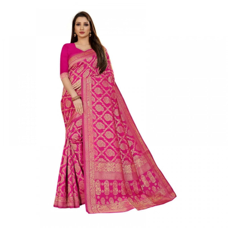 Mayawye Women's Jacquard Silk Kanjivaram Jacquard Silk Saree With Blouse (Pink, 5-6 Mtrs)
