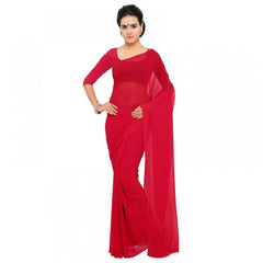 Mayawye Women's Georgette Plain Saree With Blouse (Red, 5-6 Mtrs)