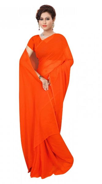 Mayawye Women's Georgette Plain Saree With Blouse (Orange, 5-6 Mtrs)