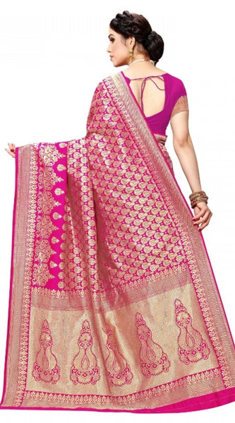 Mayawye Women's Jacquard Silk Kanjivaram Jacquard Silk Saree With Blouse (Pink, 5-6 Mtrs)