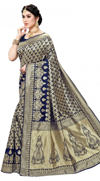 Mayawye Women's Jacquard Silk Kanjivaram Jacquard Silk Saree With Blouse (Navy Blue, 5-6 Mtrs)