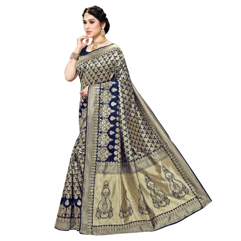 Mayawye Women's Jacquard Silk Kanjivaram Jacquard Silk Saree With Blouse (Navy Blue, 5-6 Mtrs)