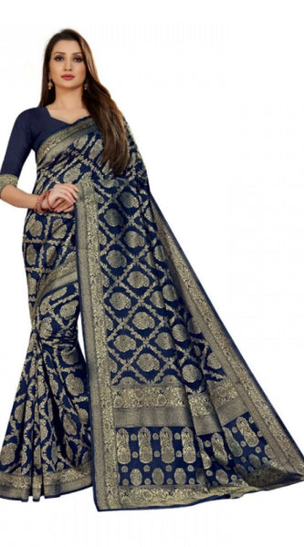 Mayawye Women's Jacquard Silk Kanjivaram Jacquard Silk Saree With Blouse (Navy Blue, 5-6 Mtrs)