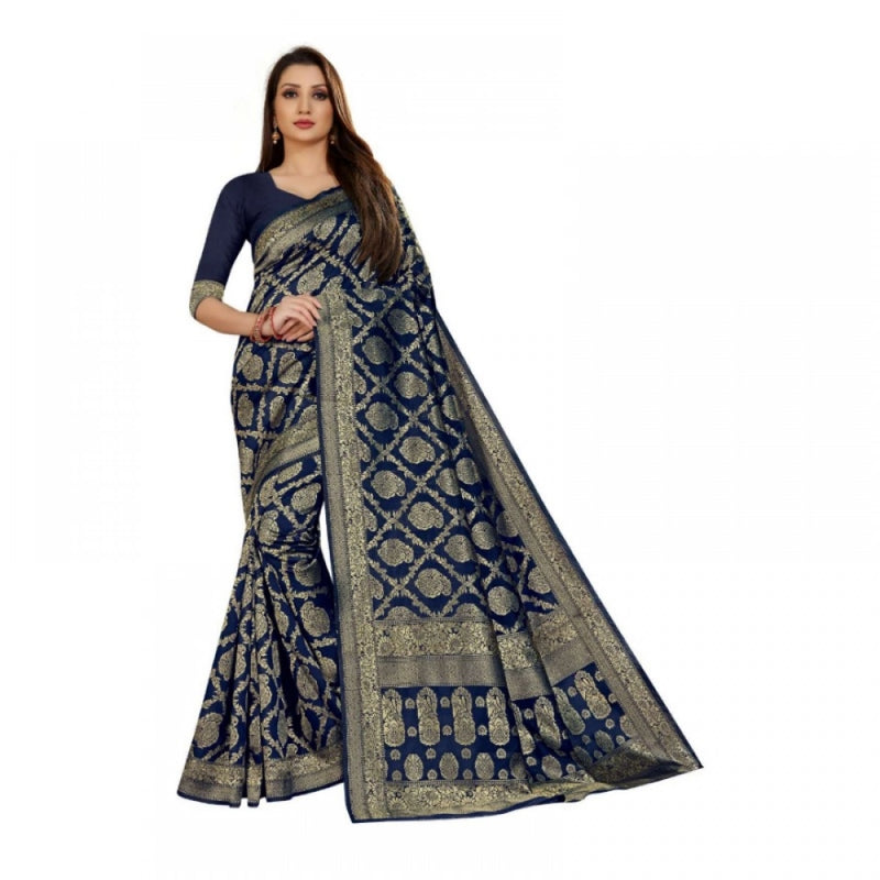 Mayawye Women's Jacquard Silk Kanjivaram Jacquard Silk Saree With Blouse (Navy Blue, 5-6 Mtrs)