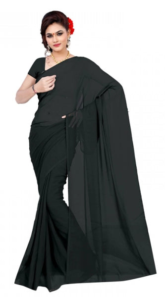 Mayawye Women's Georgette Plain Saree With Blouse (Black, 5-6 Mtrs)
