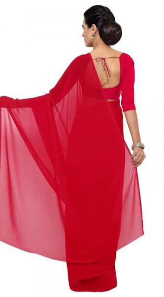 Mayawye Women's Georgette Plain Saree With Blouse (Red, 5-6 Mtrs)