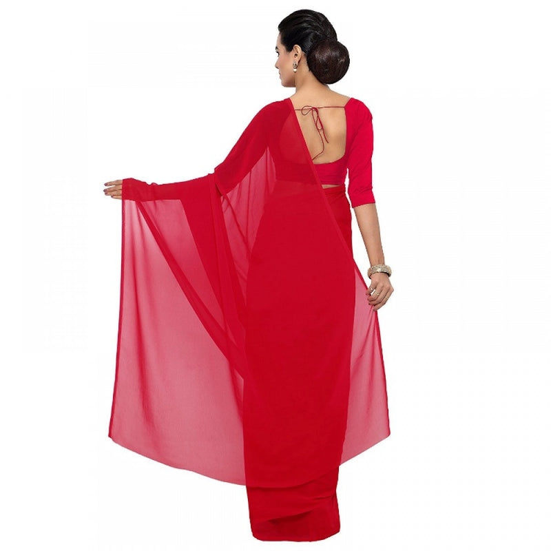 Mayawye Women's Georgette Plain Saree With Blouse (Red, 5-6 Mtrs)