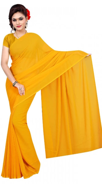 Mayawye Women's Georgette Plain Saree With Blouse (Gold, 5-6 Mtrs)