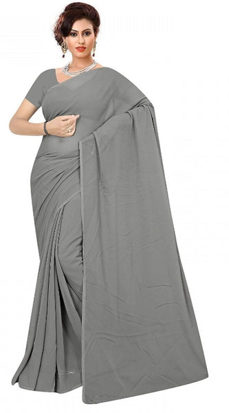 Mayawye Women's Georgette Plain Saree With Blouse (Grey, 5-6 Mtrs)