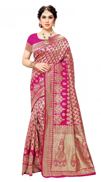 Mayawye Women's Jacquard Silk Kanjivaram Jacquard Silk Saree With Blouse (Pink, 5-6 Mtrs)