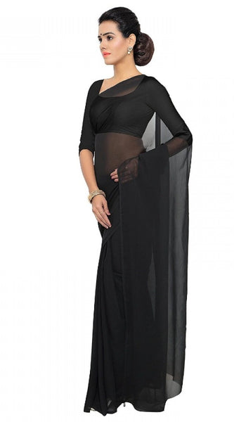 Mayawye Women's Georgette Plain Saree With Blouse (Black, 5-6 Mtrs)