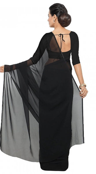 Mayawye Women's Georgette Plain Saree With Blouse (Black, 5-6 Mtrs)