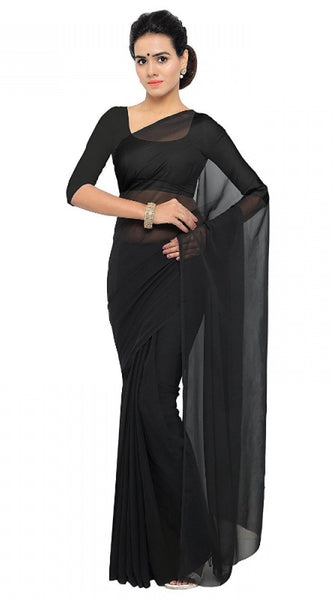 Mayawye Women's Georgette Plain Saree With Blouse (Black, 5-6 Mtrs)