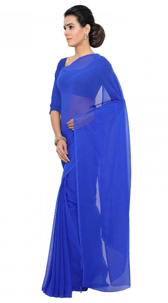 Mayawye Women's Georgette Plain Saree With Blouse (Royal Blue, 5-6 Mtrs)