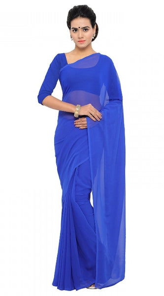 Mayawye Women's Georgette Plain Saree With Blouse (Royal Blue, 5-6 Mtrs)