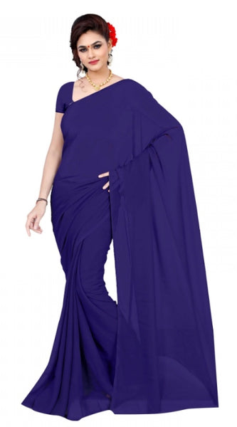 Mayawye Women's Georgette Plain Saree With Blouse (Navy Blue, 5-6 Mtrs)
