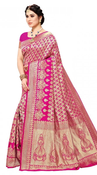 Mayawye Women's Jacquard Silk Kanjivaram Jacquard Silk Saree With Blouse (Pink, 5-6 Mtrs)