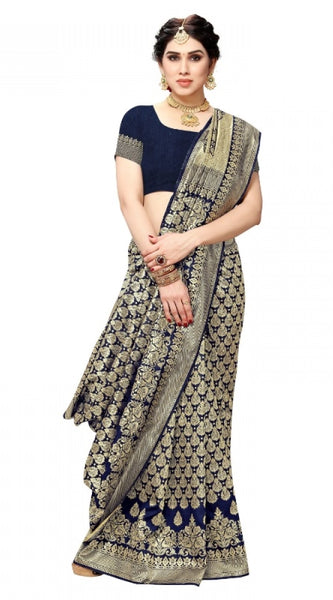 Mayawye Women's Jacquard Silk Kanjivaram Jacquard Silk Saree With Blouse (Navy Blue, 5-6 Mtrs)