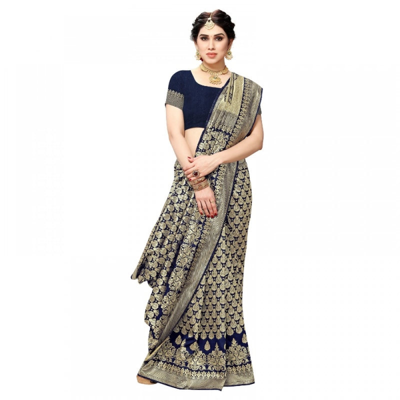 Mayawye Women's Jacquard Silk Kanjivaram Jacquard Silk Saree With Blouse (Navy Blue, 5-6 Mtrs)