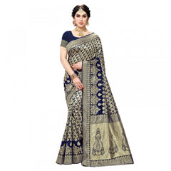 Mayawye Women's Jacquard Silk Kanjivaram Jacquard Silk Saree With Blouse (Navy Blue, 5-6 Mtrs)