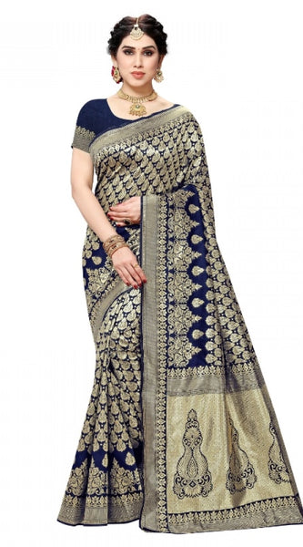 Mayawye Women's Jacquard Silk Kanjivaram Jacquard Silk Saree With Blouse (Navy Blue, 5-6 Mtrs)