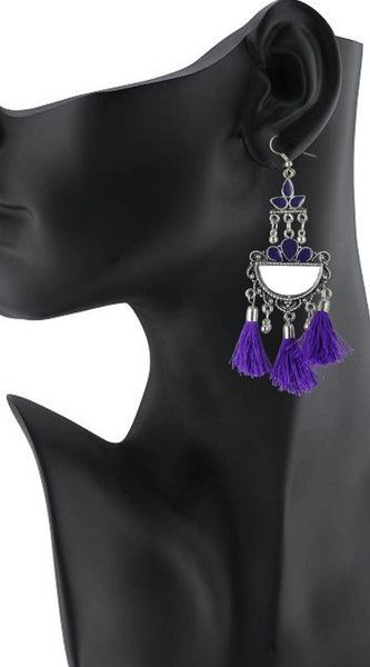 Mayawye Women's Silver Plated Afgani Tassel Earring (Color: Purple)