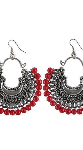 Mayawye Women's Silver Plated Hook Dangler Hanging Beads Earring (Color: Red)