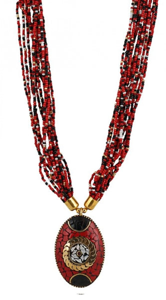 Mayawye Women's Multicolor Tibetan Style Beads Necklace (Color: Red)