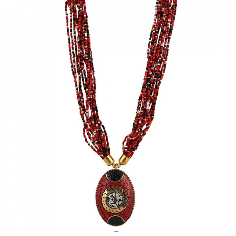 Mayawye Women's Multicolor Tibetan Style Beads Necklace (Color: Red)