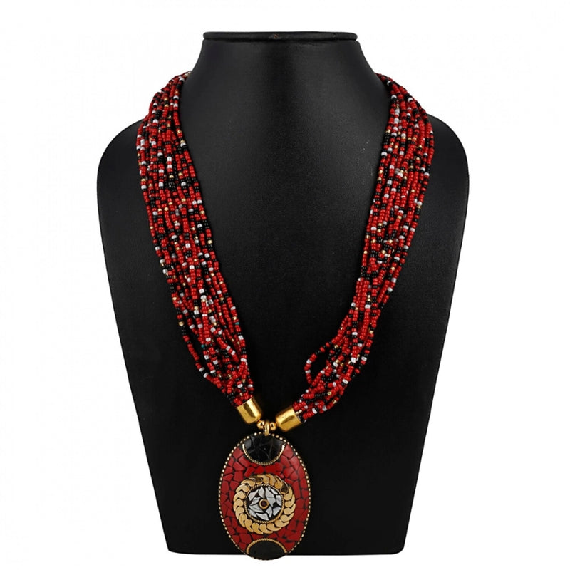 Mayawye Women's Multicolor Tibetan Style Beads Necklace (Color: Red)
