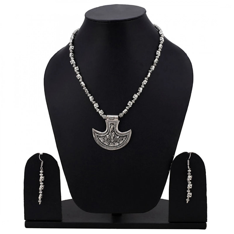 Mayawye Silver Oxidised Contemporary German Silver Necklace Set For Women