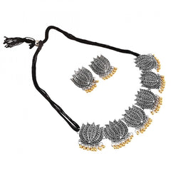Mayawye Antique Silver Oxidised Plated Tribal Afghani Necklace With Earrings Set For Women
