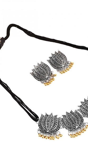 Mayawye Antique Silver Oxidised Plated Tribal Afghani Necklace With Earrings Set For Women