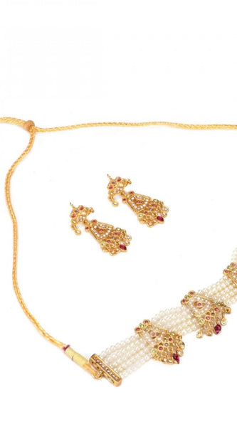 Mayawye Gold-Plated And Jadau Choker Necklace With Earrings Set For Women