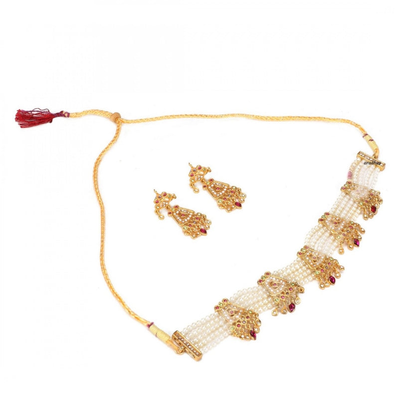 Mayawye Gold-Plated And Jadau Choker Necklace With Earrings Set For Women
